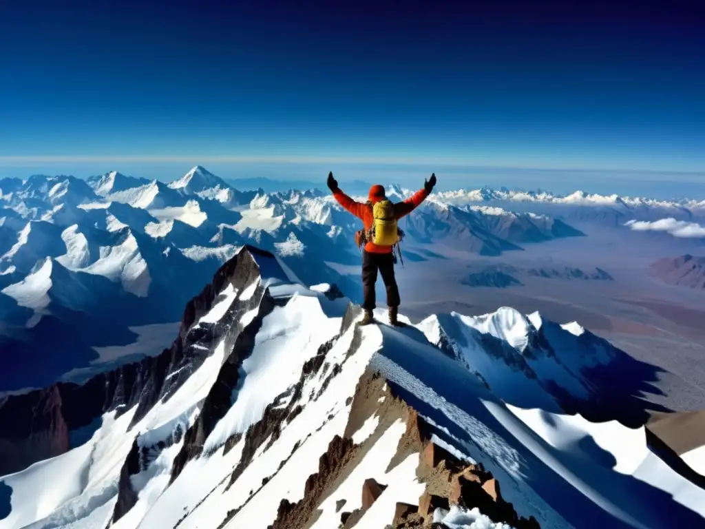 Ascenso al Aconcagua: Vista impresionante desde la cima, montañero triunfante frente a los Andes nevados