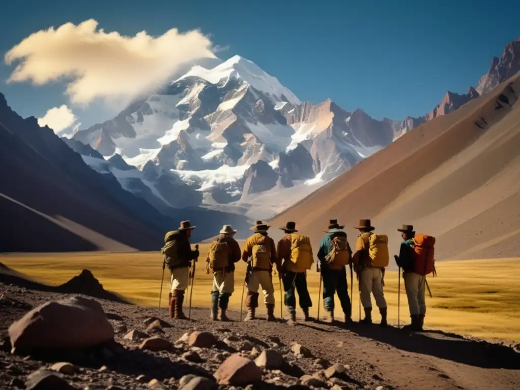 Ascenso al Aconcagua: Exploradores maravillados por la majestuosa montaña, evocando aventura y belleza indómita