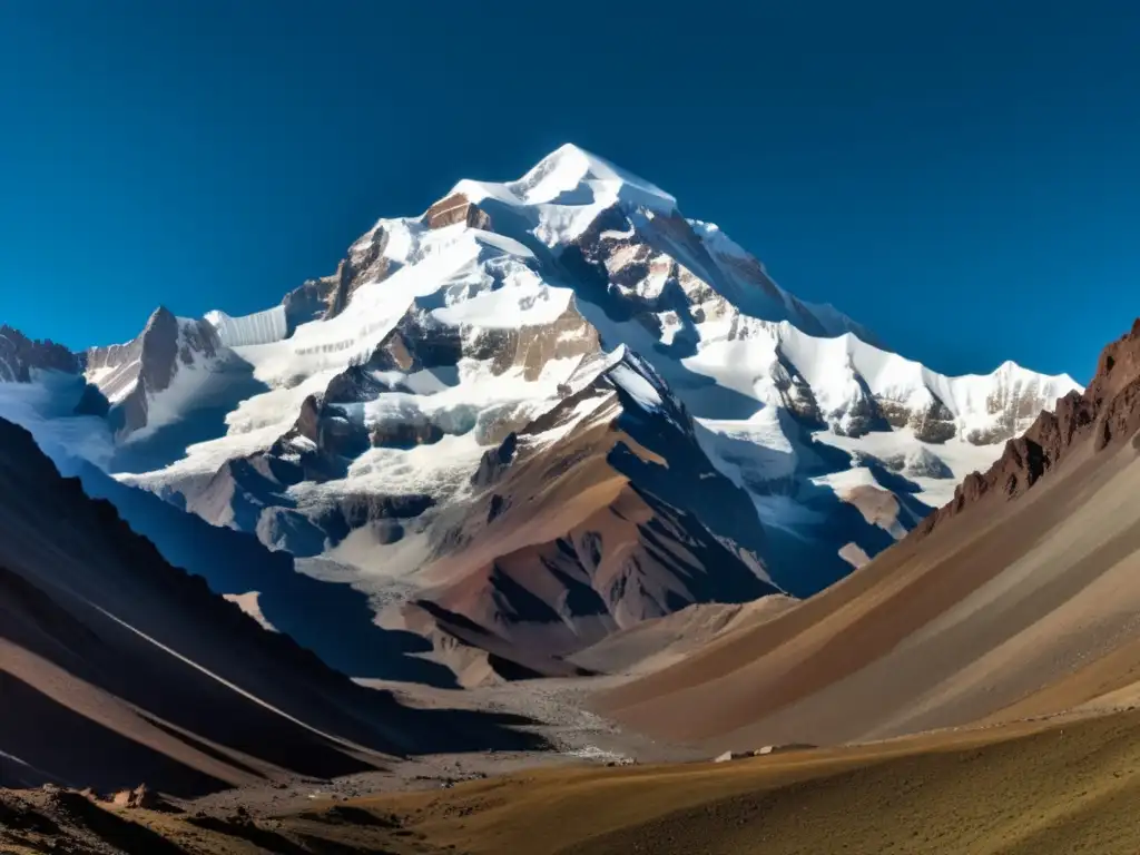 Ascenso al Aconcagua: Majestuosa montaña vintage de 8k, cubierta de nieve y bañada por el sol, invita a explorar sus alturas