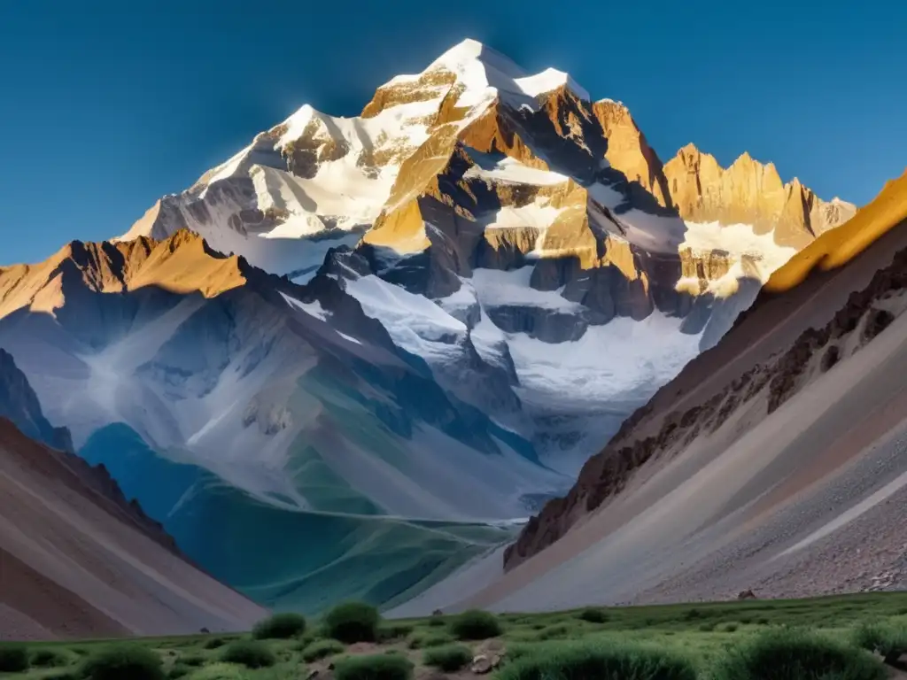 Ascenso al Aconcagua: Imagen vintage de la majestuosa montaña, sus picos nevados y un montañista solitario