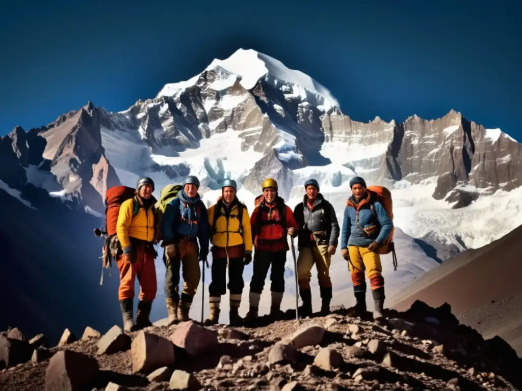 Ascenso al Aconcagua: Grupo de montañistas victoriosos en la cima majestuosa, con paisaje impresionante y nostálgico