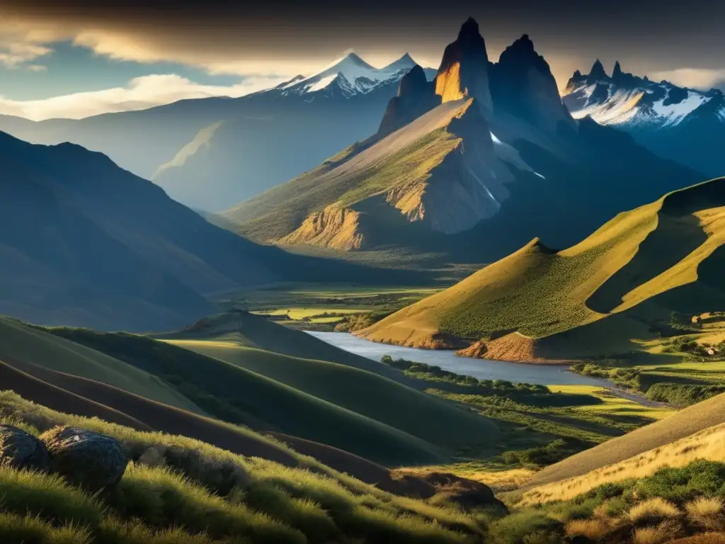 Las adversidades de Pedro Valdivia en la conquista de Chile, paisaje desafiante con árboles antiguos, sendero peligroso y montañas nevadas