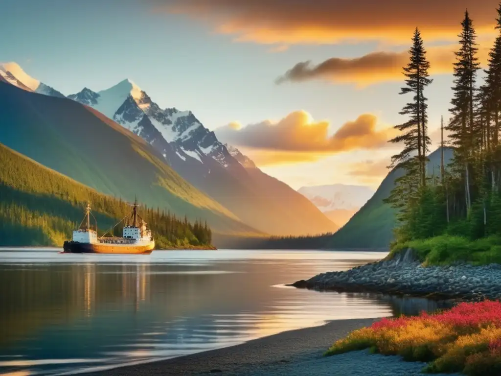 Una costa agreste en Alaska con montañas nevadas y un barco de la Ruta de Baranov, reflejando la belleza y aventura de la región