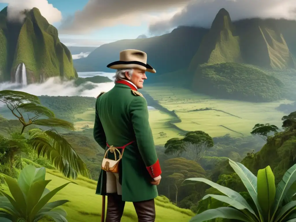 Imagen de Alexander von Humboldt en la jungla sudamericana, con vestimenta de explorador y objetos científicos