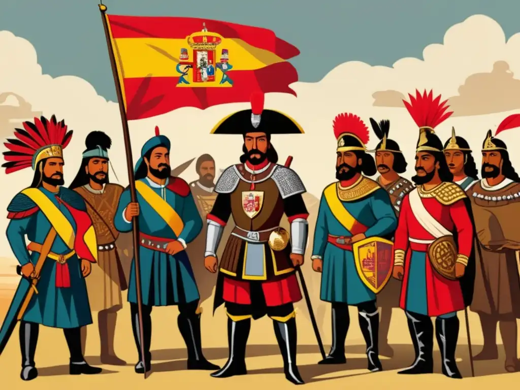 Alianza de Hernán Cortés con los enemigos de los Aztecas - Ilustración detallada de Cortés y guerreros indígenas formando alianza contra los Aztecas