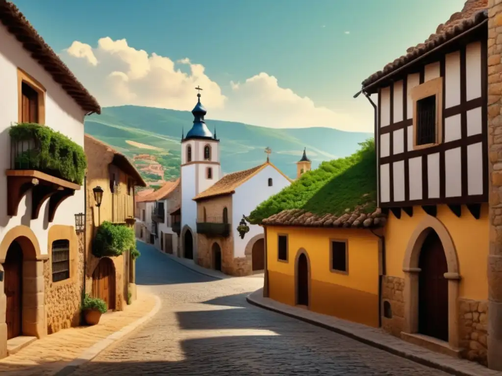 Escena de origen de Alonso de Ojeda: pueblo español del siglo XV, iglesia de piedra, campos verdes, montañas majestuosas