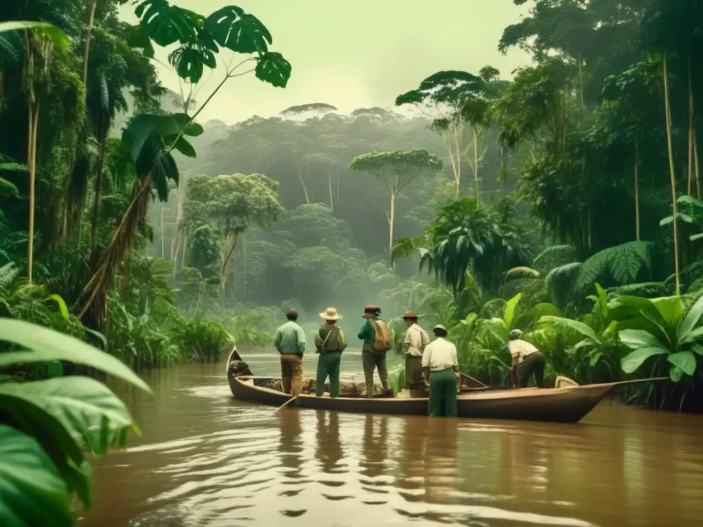 Expediciones al Amazonas en la exuberante selva: biólogos investigando en un paisaje vintage