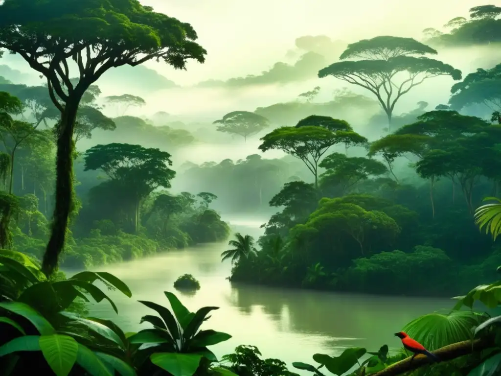 Paisaje exuberante en la selva amazónica con río serpenteante y vida silvestre