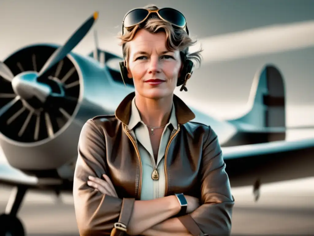 Amelia Earhart: Revolución alturas, fotografía blanco y negro vintage, avión plateado con su nombre, mirada segura al horizonte