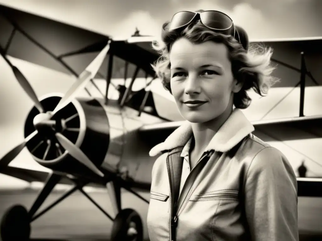 Amelia Earhart: La revolución de las alturas, foto vintage en blanco y negro de la joven aviadora frente a un biplano