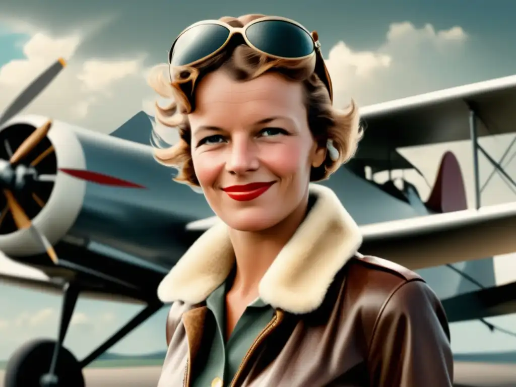 Amelia Earhart: La revolución de las alturas en imagen vintage de avión y sonriente, simbolizando su contribución pionera