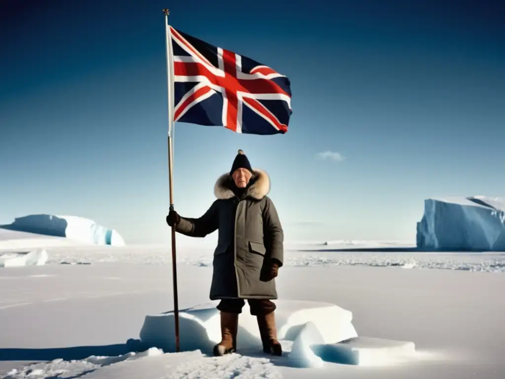 Roald Amundsen triunfa en el Polo Sur, rodeado de paisaje helado y vistiendo su icónica parka de piel y sombrero de piel