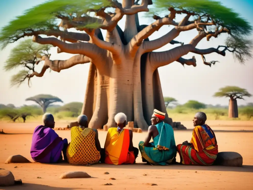 Grupo de ancianos africanos bajo un baobab, transmitiendo sabiduría ancestral y misteriosas civilizaciones de África