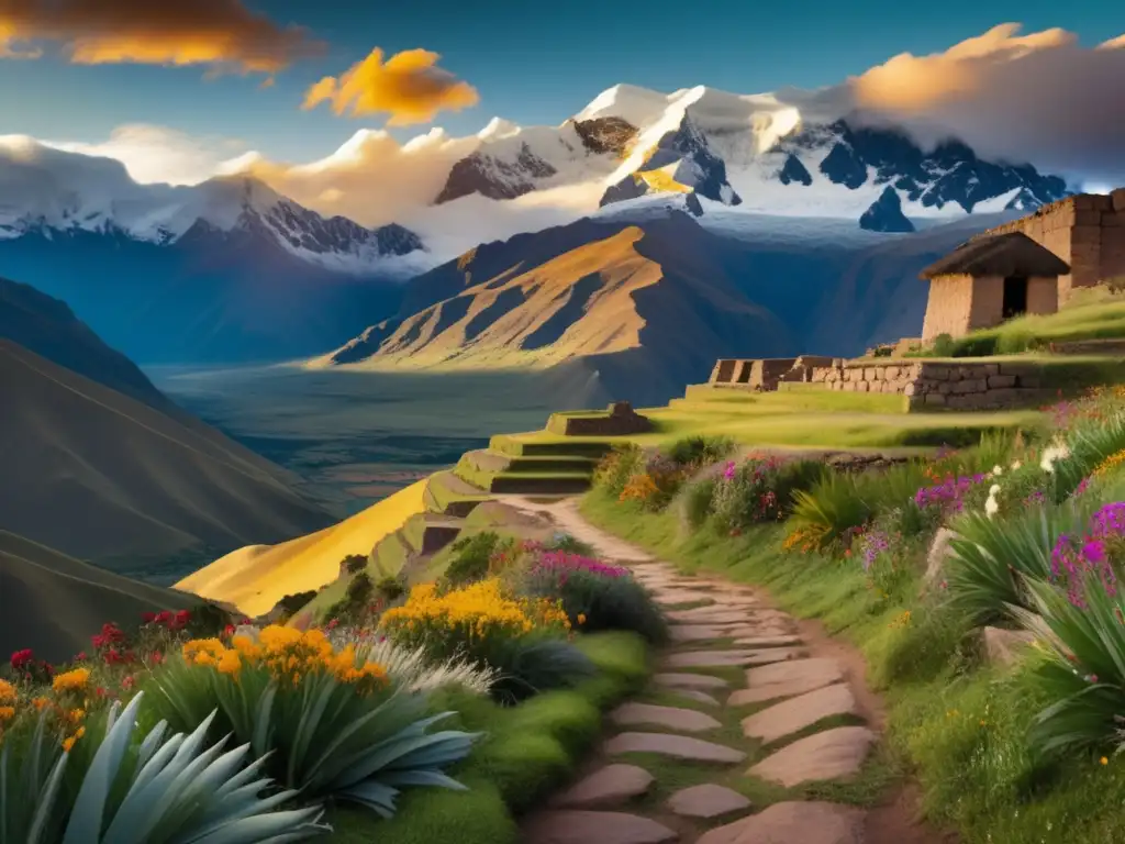 Paisaje andino con montañas nevadas, ruta de Pizarro, ruinas incas y atardecer dorado