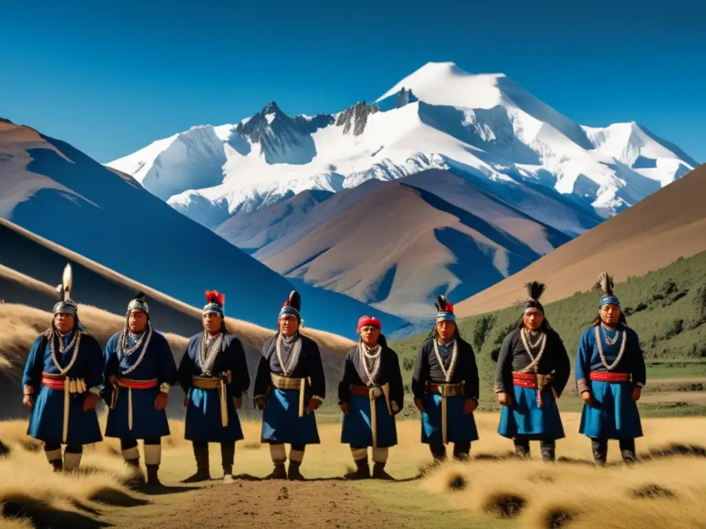 Paisaje de los Andes en Chile con Mapuche defendiendo la tierra contra los conquistadores españoles