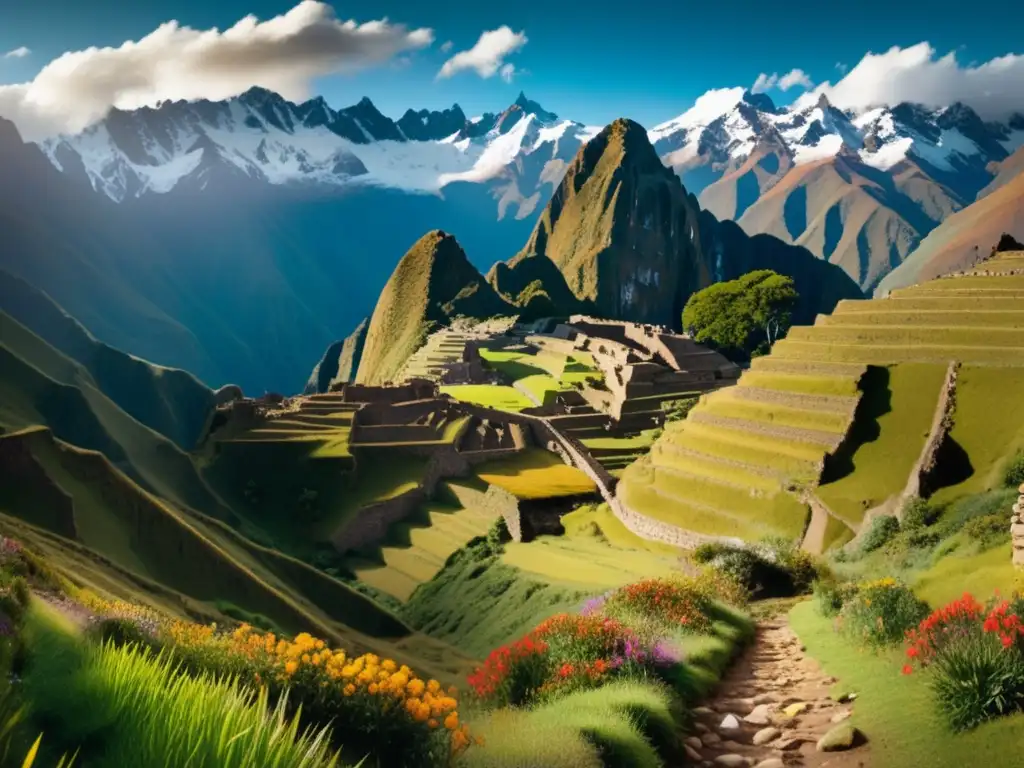 Paisaje panorámico de los imponentes Andes con la ruta de Pizarro, sendero inca rodeado de ruinas y cascadas