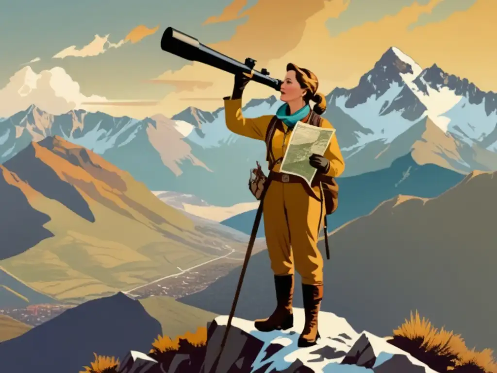 Annie Smith Peck: La mujer que conquistó montañas en una imagen vintage de montañismo, triunfante en una cima con mapa y telescopio