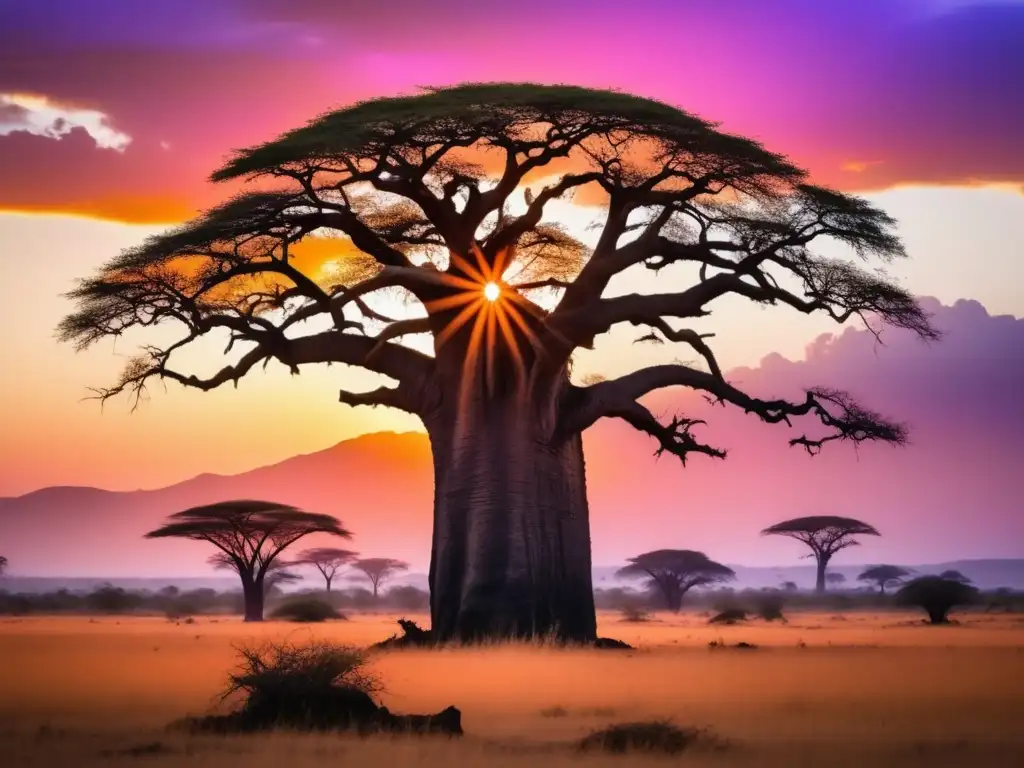 Paisaje africano al atardecer con árbol baobab y elefantes, evocando aventura y exploración