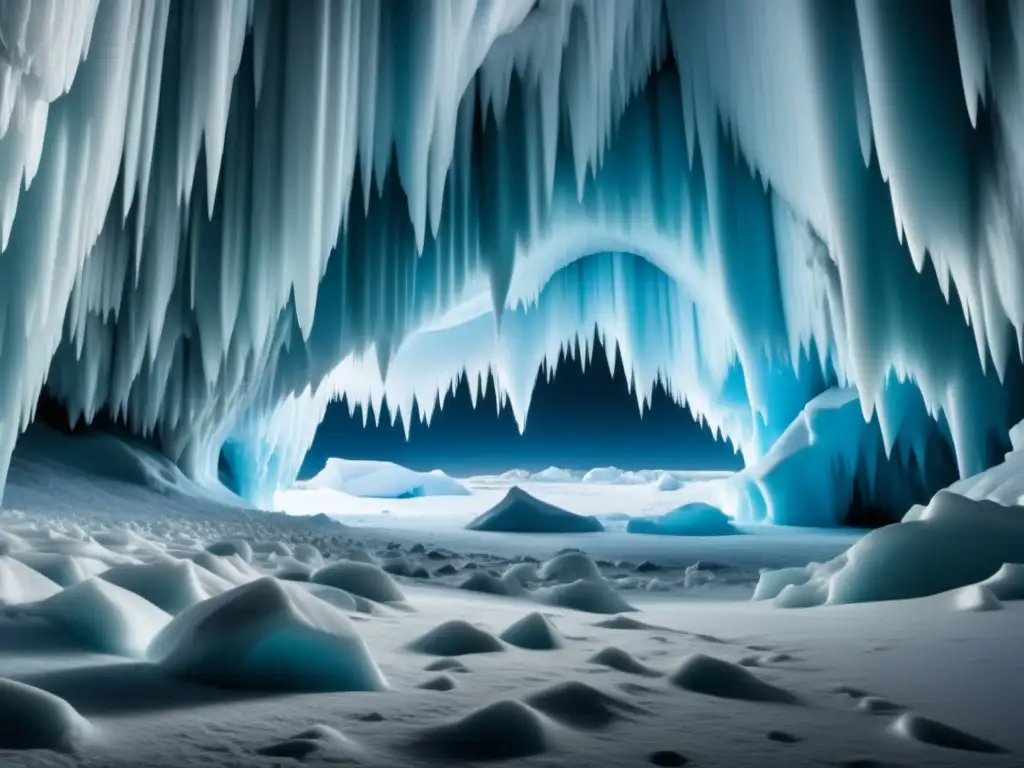 Cuevas de hielo en la Antártida: majestuoso paisaje con formaciones de hielo, iluminado en azul etéreo -