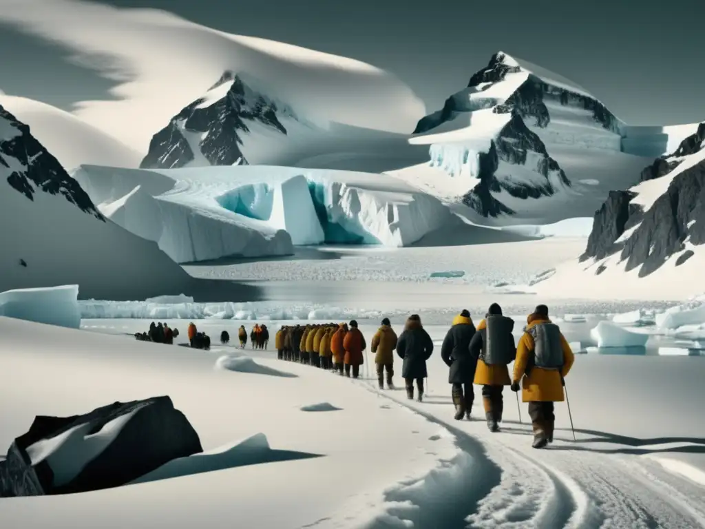 Fotografía antigua de expediciones científicas en la Antártida: paisaje helado, glaciares imponentes, exploradores valientes