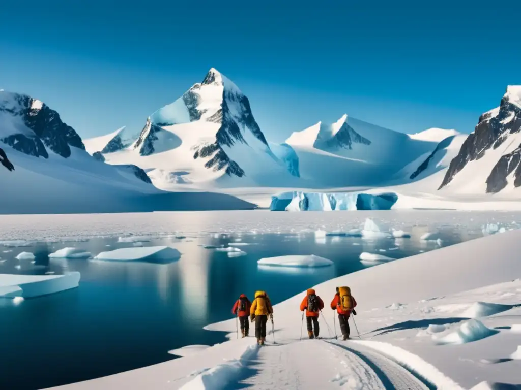 Paisaje de Antarctica con exploradores en la era de la carrera por el Polo Sur