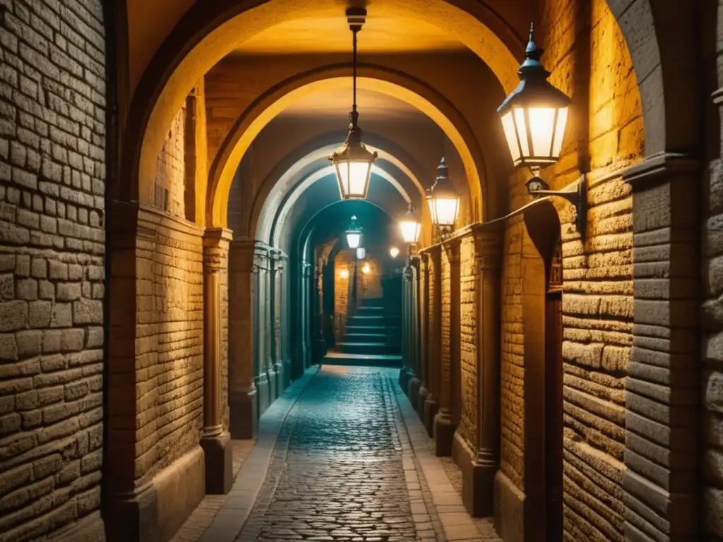 Ciudad subterránea de Budapest: pasaje antiguo, ladrillos, senderos de adoquines, luz dorada, historia y misterio