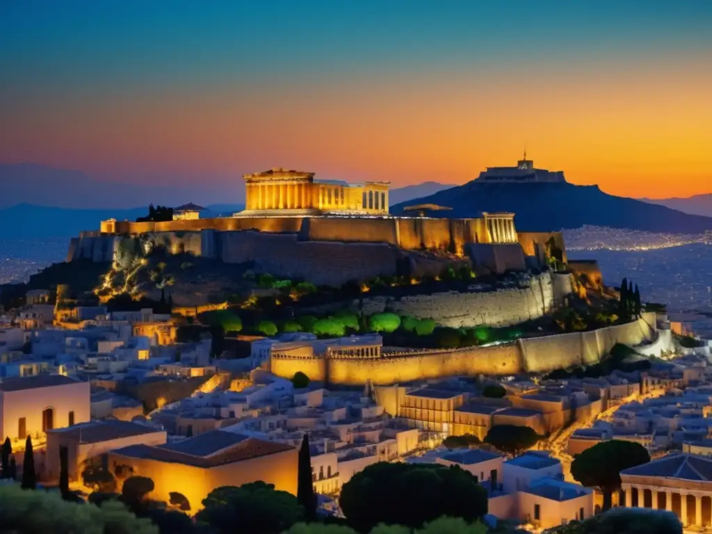 Descubrimientos de la antigua Grecia: Atardecer en Atenas, con la imponente Acrópolis y su Parthenon iluminados por el sol