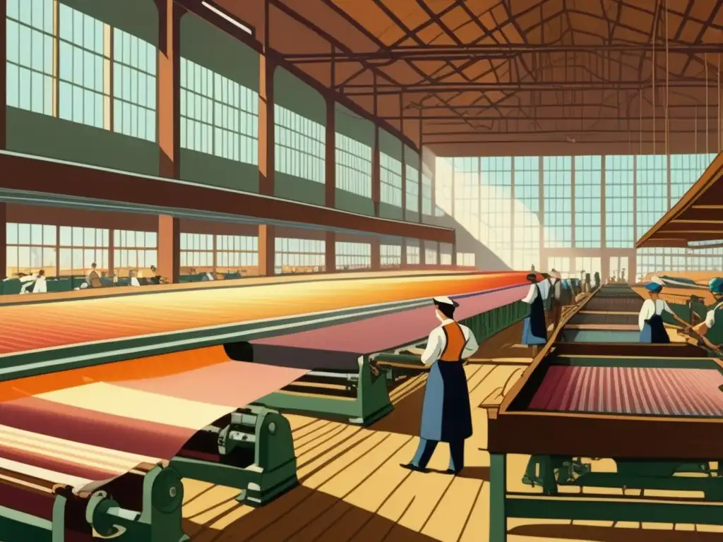 Ilustración vintage de fábrica textil con trabajadores, máquinas y tejidos coloridos