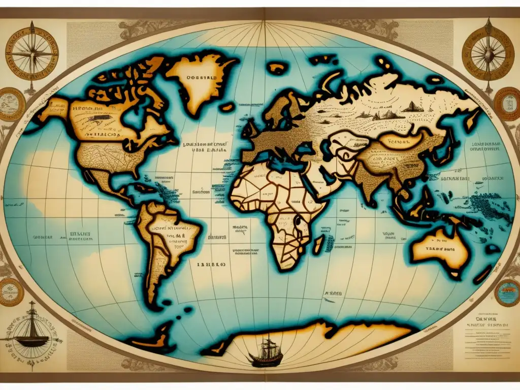 Mapa vintage del mundo con ruta de Vasco da Gama: Viaje hacia el Este