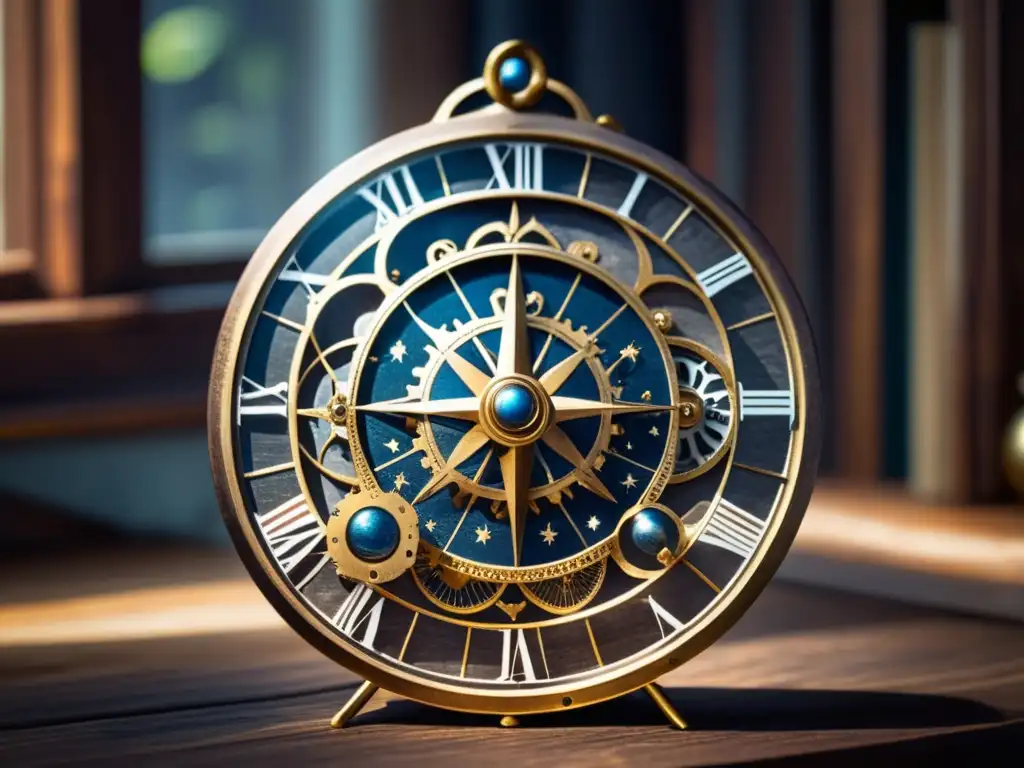 Astrolabe de latón pulido con grabados celestiales y símbolos, en una mesa de madera envejecida