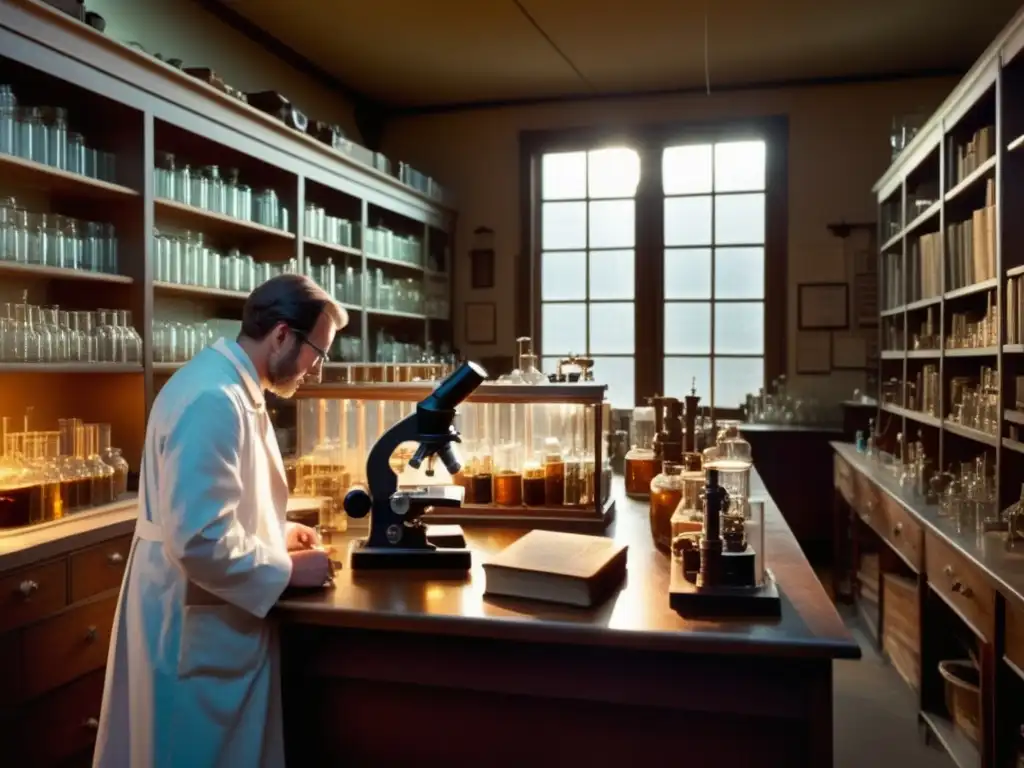 Laboratorio vintage con científico examinando nanotecnología revolucionaria