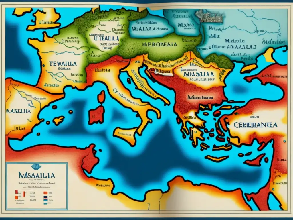 Mapa antiguo del mundo mediterráneo y las Islas Británicas, destacando las rutas de Pytheas, explorador griego