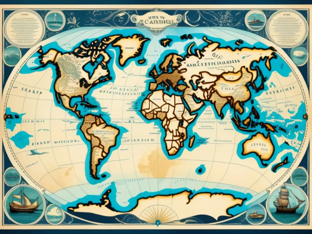 Mapa antiguo del mundo con detalles intrincados y textura de pergamino envejecido