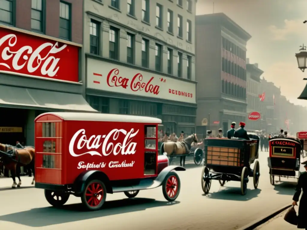 Historia de CocaCola en anuncio vintage: carretas, gente antigua, camión rojo, fuente de soda y nostalgia