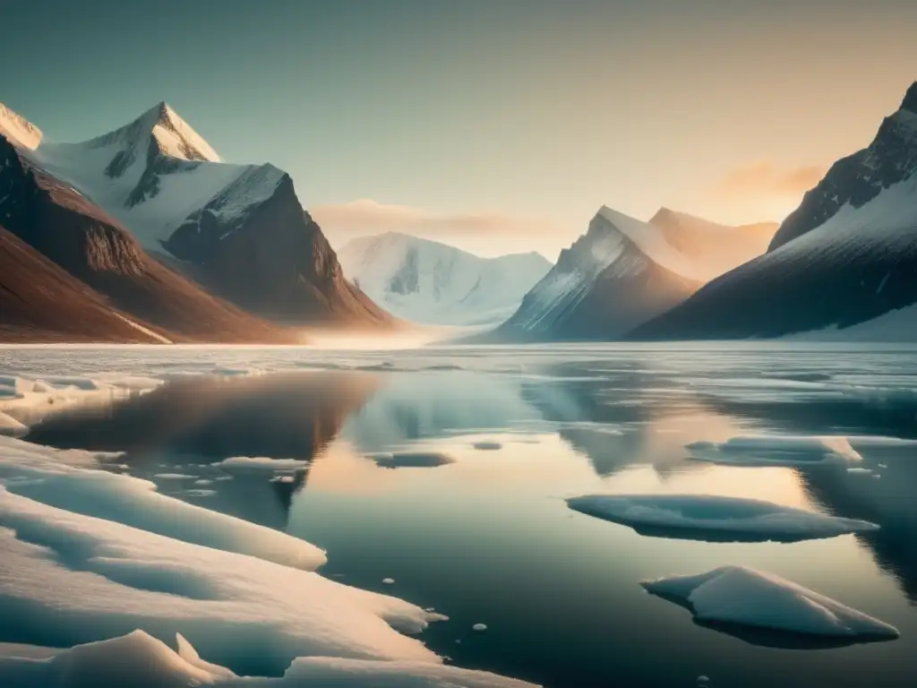 Paisaje helado en el Ártico con montañas nevadas, lago congelado y exploradores en expediciones (110 caracteres)