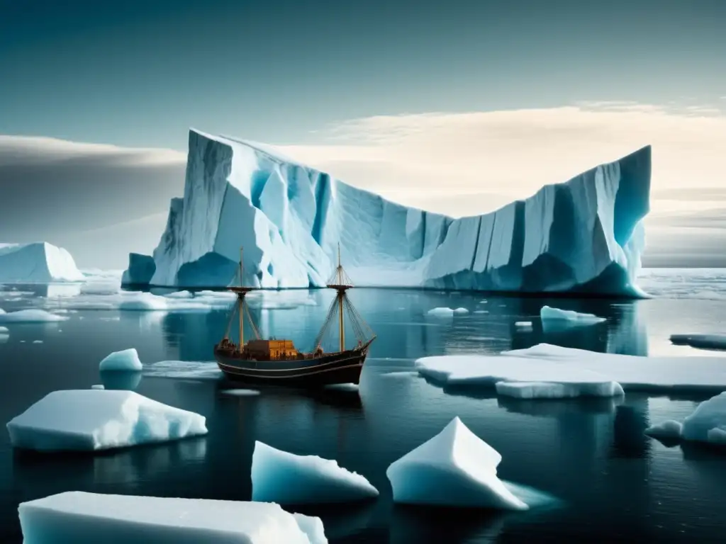 Barco de madera navegando entre icebergs en el Ártico: Henry Hudson's expedición