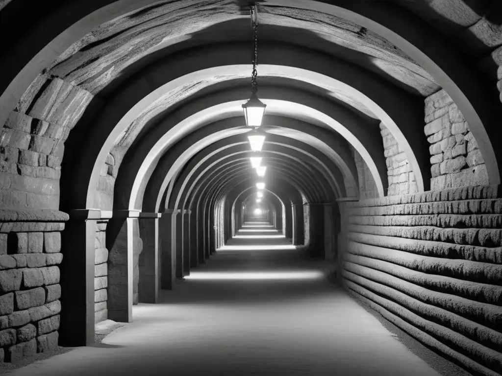 Ciudad subterránea de Portland, arquitectura y diseño detallado en una fotografía en blanco y negro