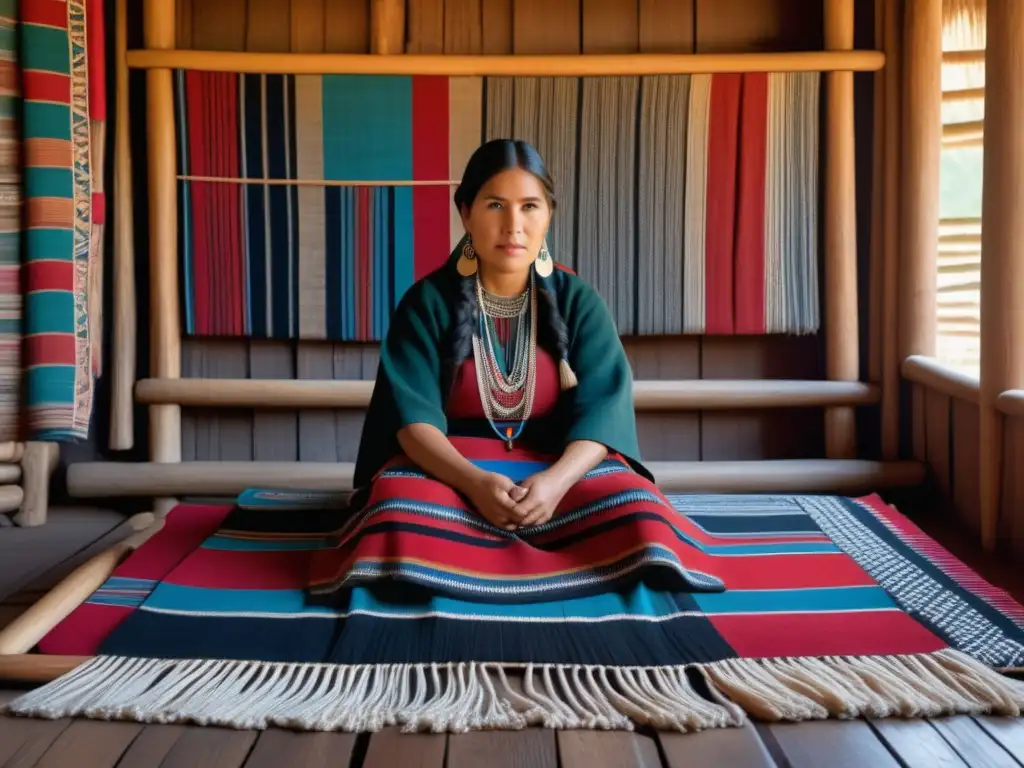 Mapuche mujer tejiendo en telar antiguo con máscaras talladas en estante - Viaje a la antigua civilización de los Mapuches en Chile