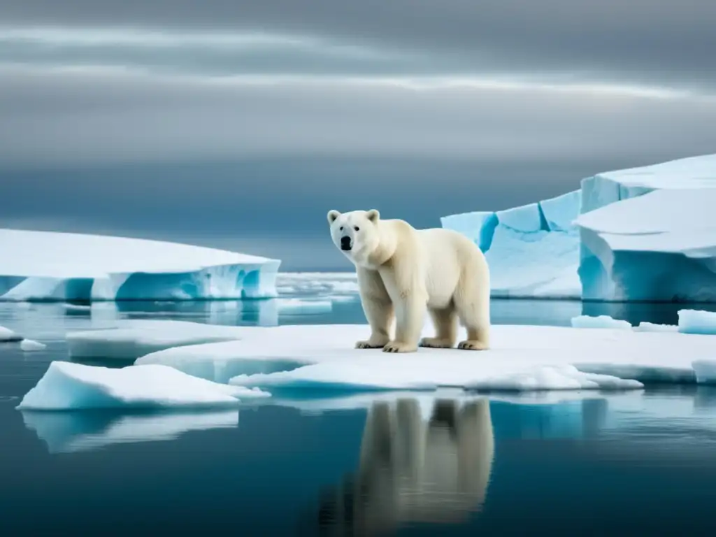 Paisaje ártico: Polar bear en tundra helada, montañas nevadas y cielo rosa