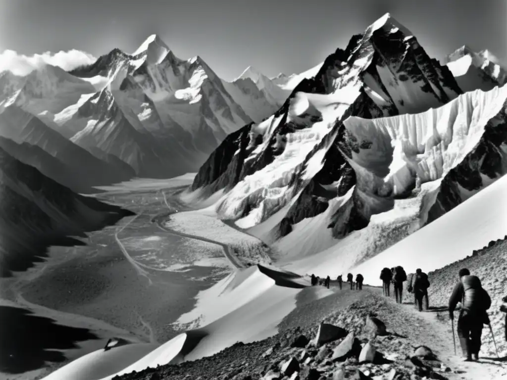 Ascenso a Gasherbrum I: Vista de montañeros avanzando en terreno escarpado hacia la cima, superando obstáculos en su expedición