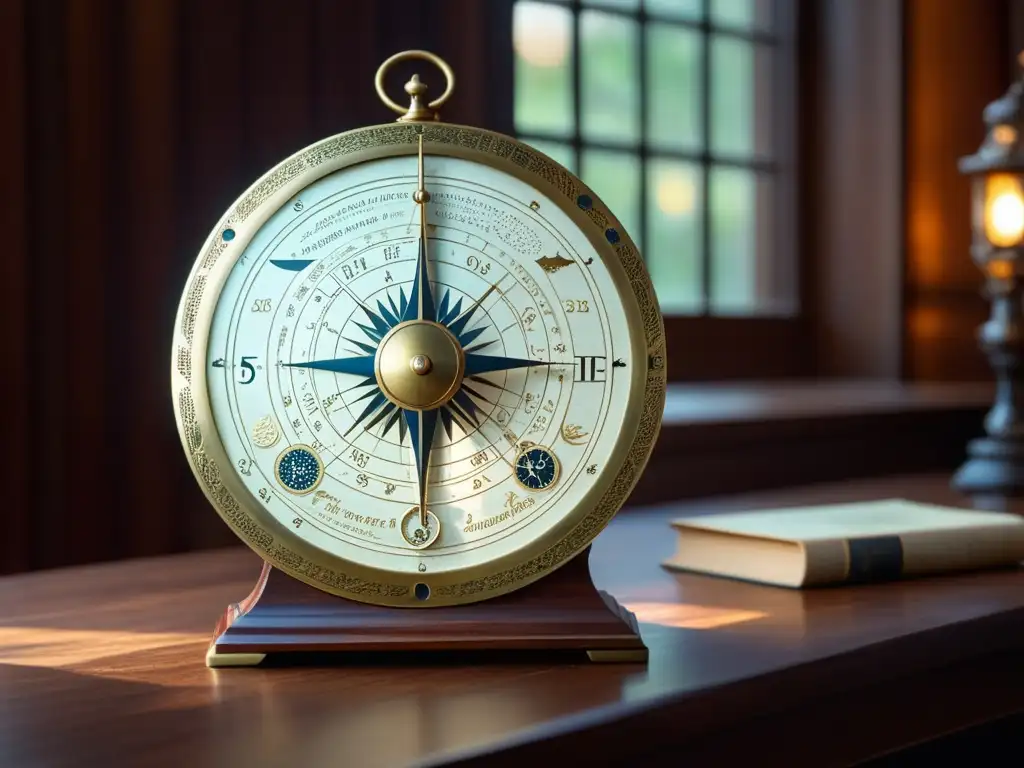 Instrumento de navegación histórico: Astrolabe en mesa de madera, iluminado por luz natural, con engravings y patina vintage