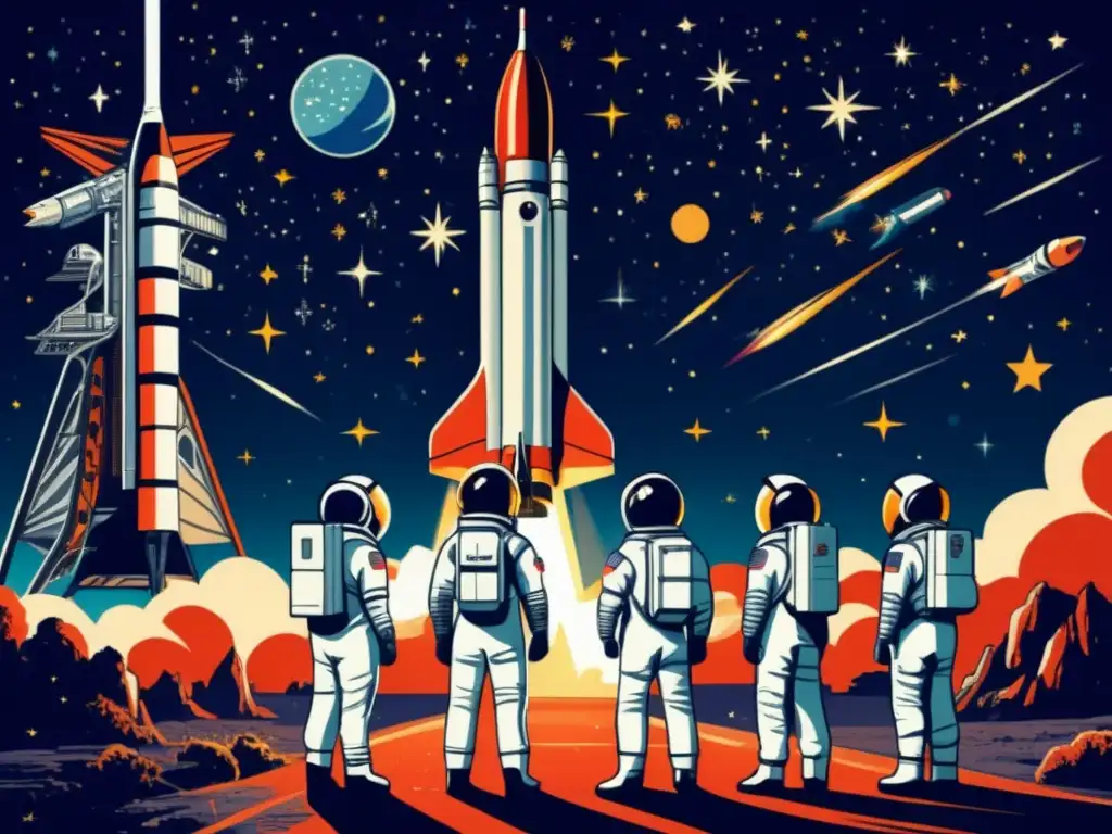 Exploración espacial: Astronautas admirando cohete vintage y la galaxia, descifrando impacto cultural