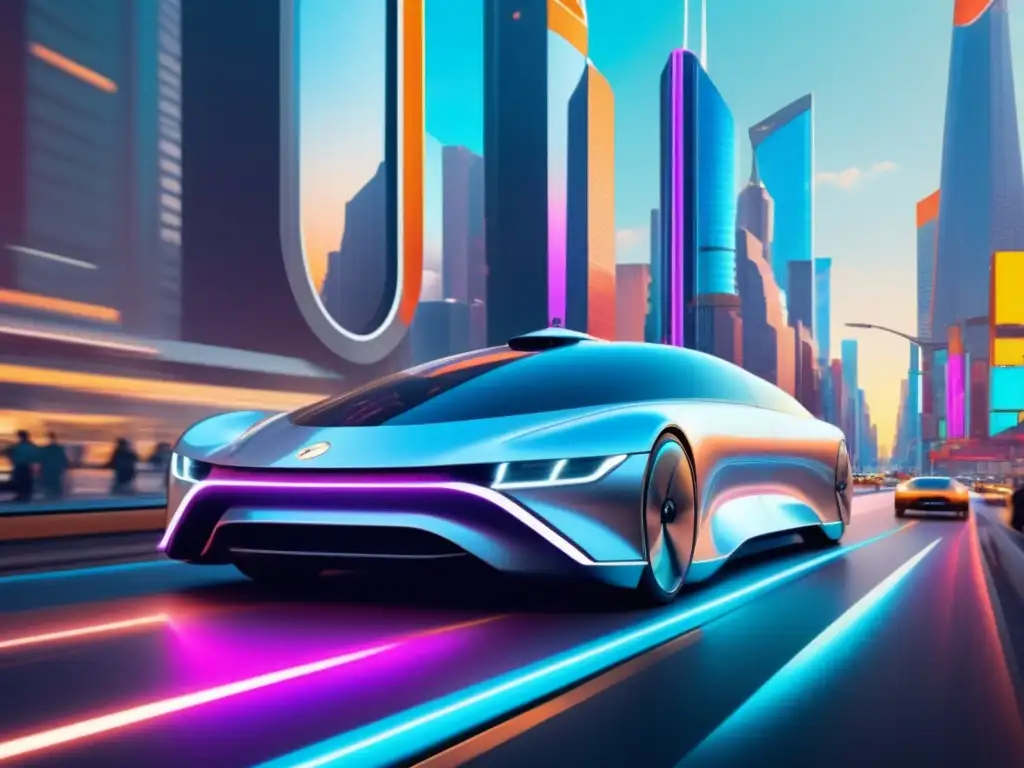 Auto autónomo futurista en ciudad vibrante Un vehículo autónomo futurista recorriendo una ciudad vibrante, fusionando la estética vintage con la tecnología de transporte innovadora