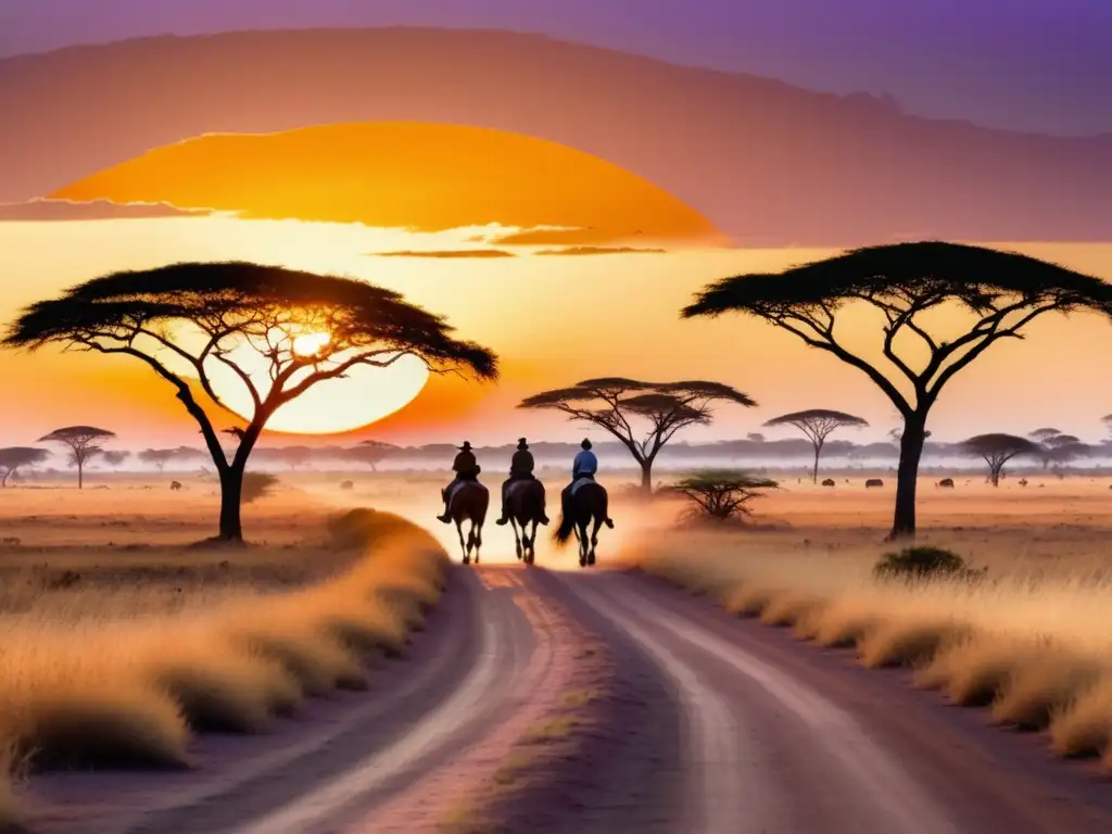 Paisaje africano al atardecer con exploradores en caballo - Expediciones Africanas