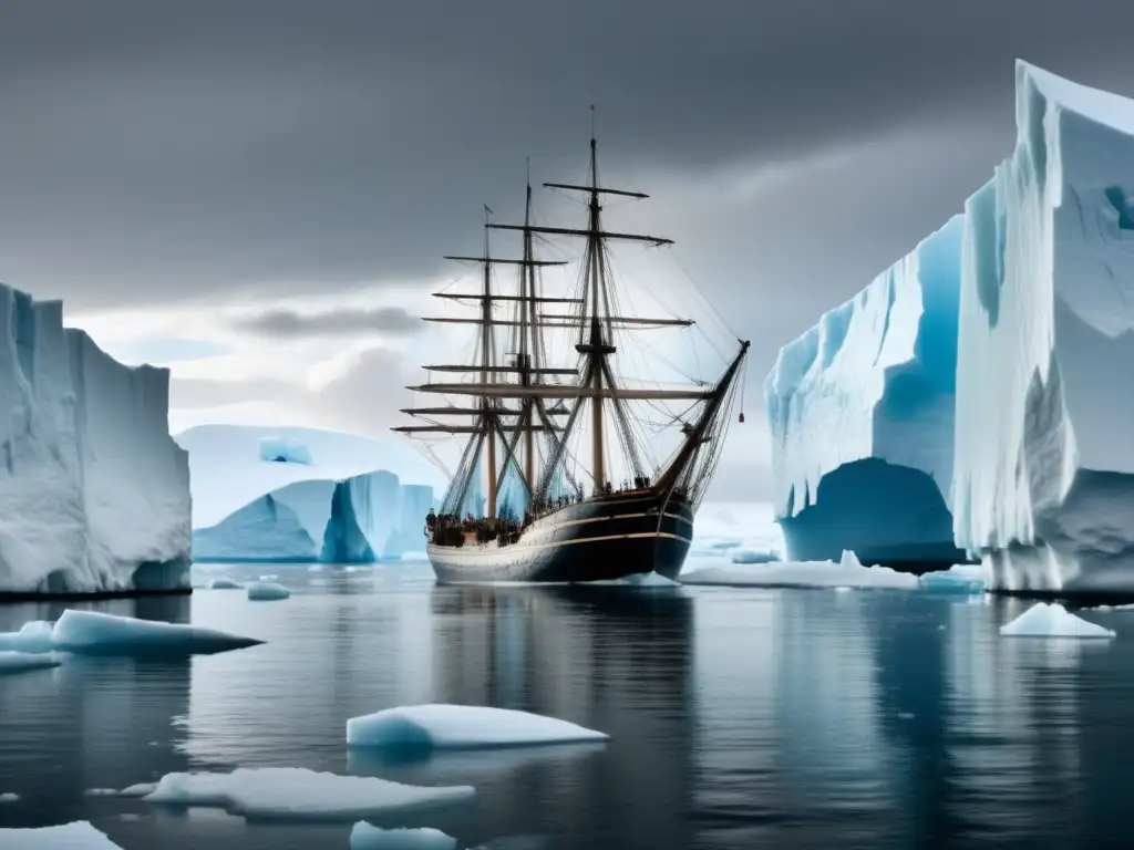 Barco de madera navegando entre icebergs en la expedición de Shackleton