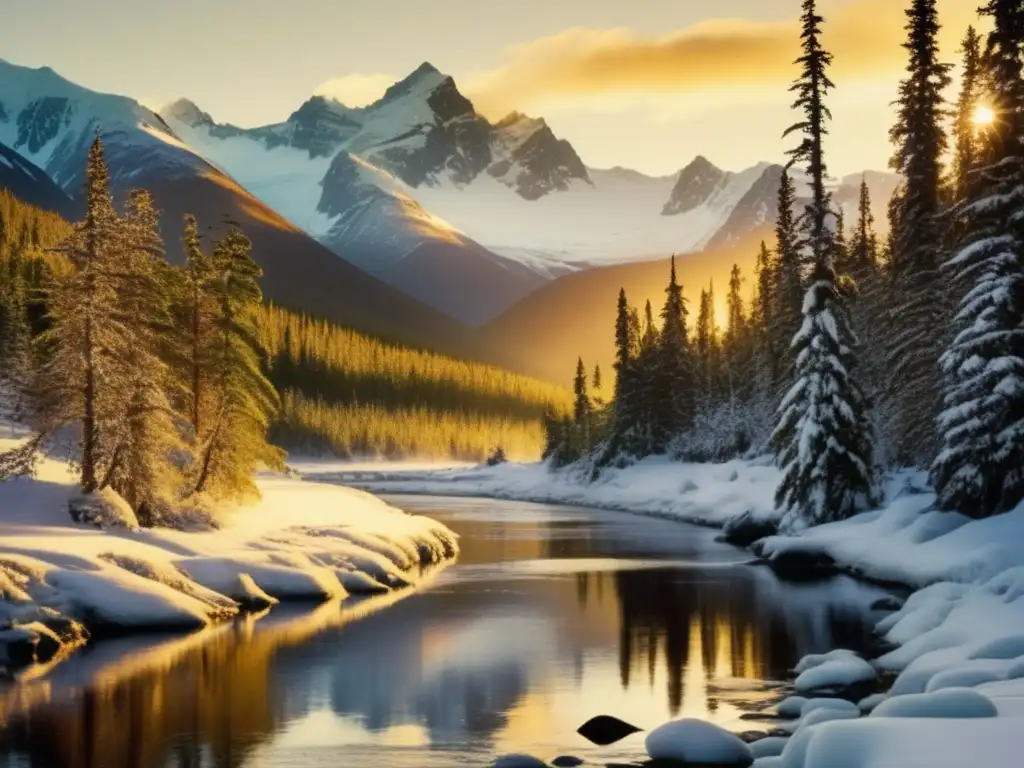 Paisaje de Alaska con montañas nevadas, bosque de árboles altos, río, exploradores y perros de trineo