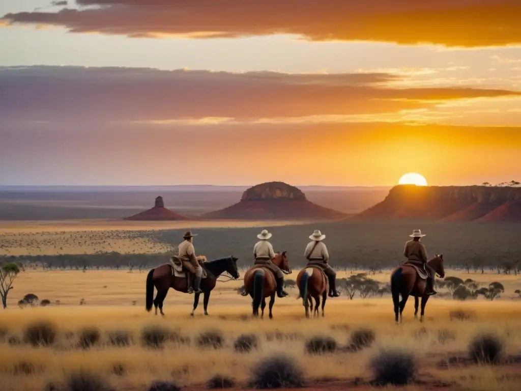 Expedición de Burke y Wills en Australia: Paisaje épico del Outback, exploradores y caballos en el atardecer dorado