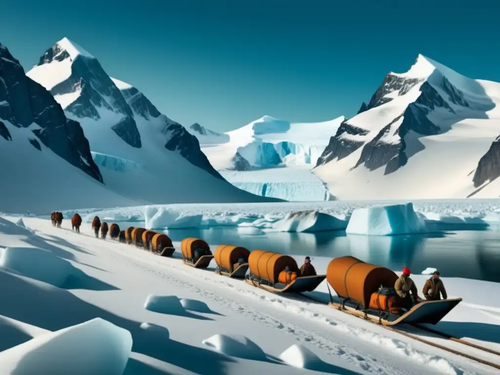 Paisaje de montañas glaciares en la Antártida, exploradores en grandes expediciones