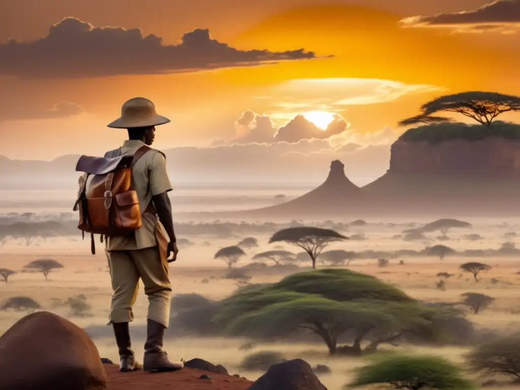 Paisaje africano al atardecer con explorador y elefantes, evocando aventura y legado de David Livingstone