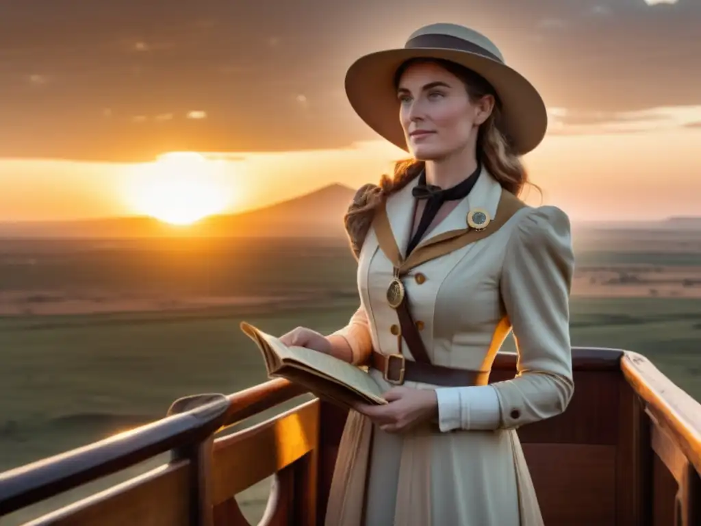 Florence Baker en un barco de madera, mirando la sabana africana al atardecer